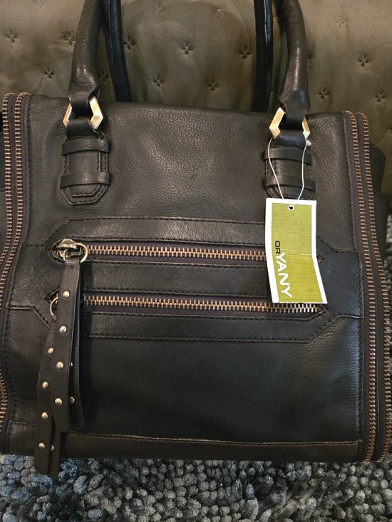 orYANY Black Leather Satchel with Brass-Tone Zipper & Brown Accents.  Excellent