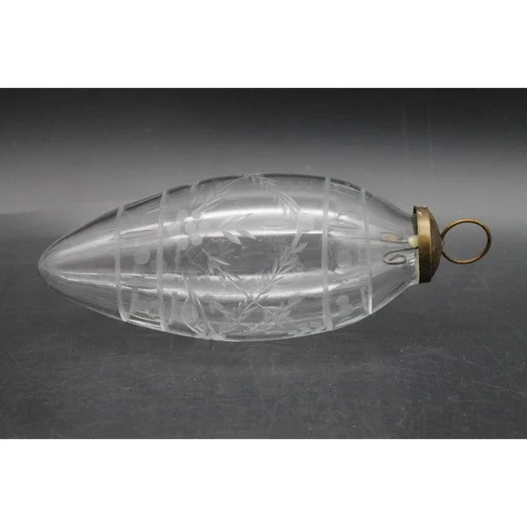Vintage Etched Clear Glass Christmas Teardrop Ornament Brass Cap 7.5 Inch
