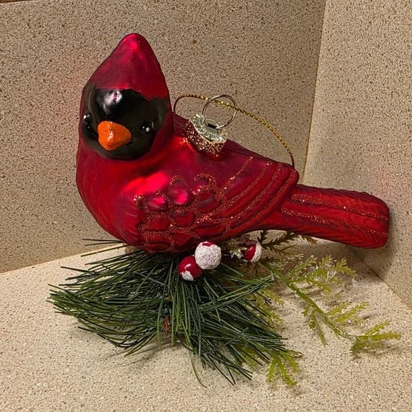 Vintage Blown Glass‎ Cardinal Bird  Christmas Ornament Red Glitter Pinecone Base