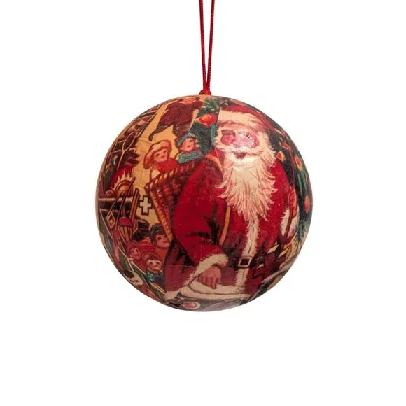 Santa Clause decoupage  large ball ornament Christmas‎ present scene hanging vtg