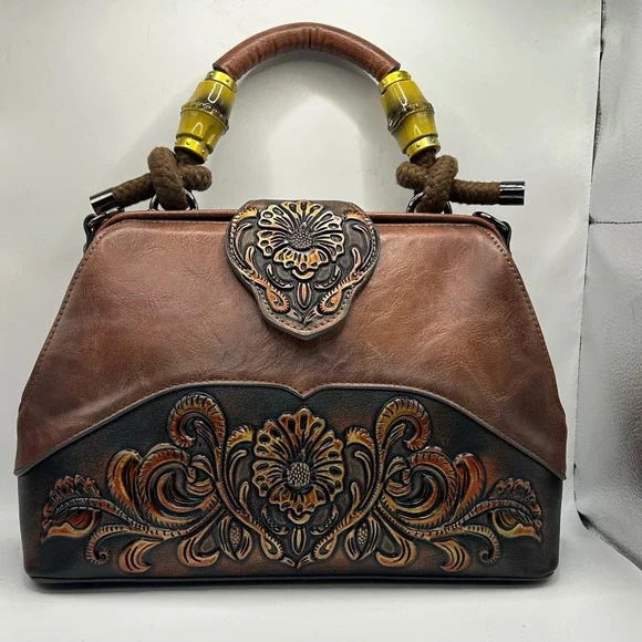 Floral Embossed Brown Faux Leather Doctor Bag Satchel Bamboo Handle Western Boho