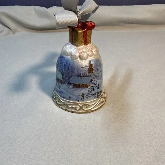 Vintage Porcelain Christmas Bell Ornament Winter Village Scene Gift Bow Top