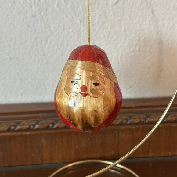 Vintage Bamboo Santa Claus Christmas Ornament Red Natural Folk Art Mid Century