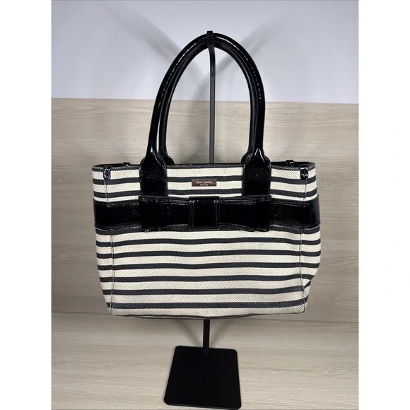 Kate‎ Spade Quinn Cream With Black Patent Leather Striped Purse, w/ Bow Tweed