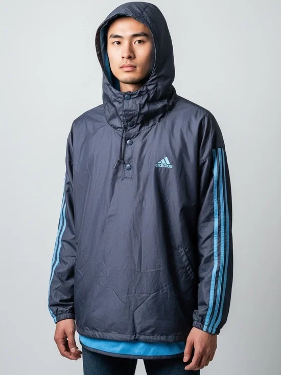 adidas Men's Black & Blue Hooded Windbreaker Jacket