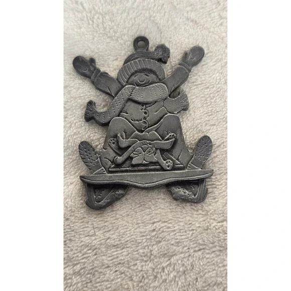 Vintage Pewter Christmas Ornament Child and Dog Sledding Winter Holiday Decor