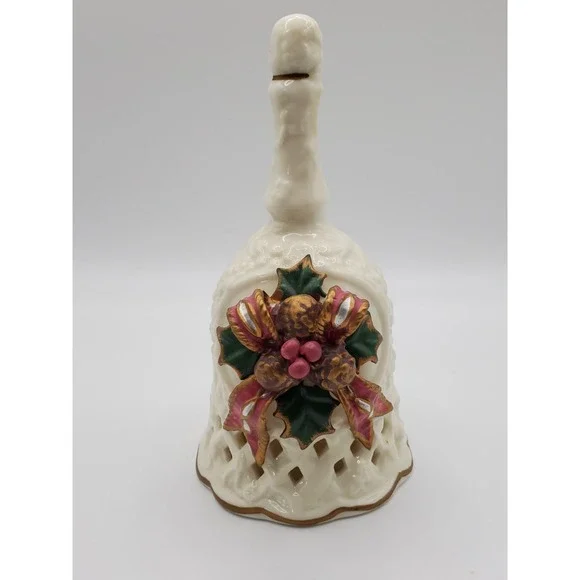 Vintage Beautiful White Ceramic Christmas Bell With Acorns and Holly