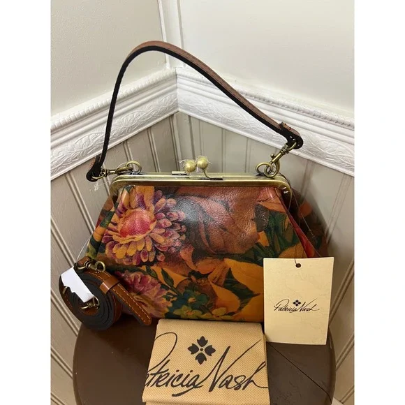Patricia Nash Floral Leather Kiss Lock Satchel Bag Multi Color Vintage Style NEW