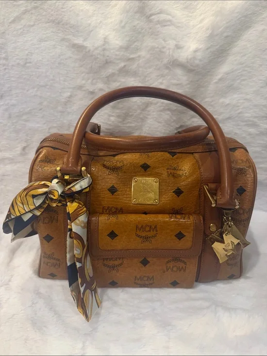 MCM Cognac Monogram Visetos Satchel with Gold Charms