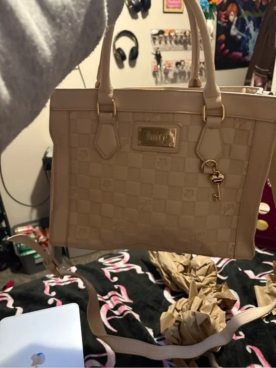 Juicy Couture Beige Checker-Embossed Satchel with Key Charm