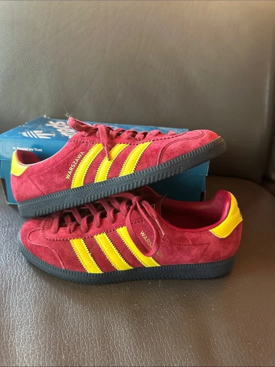 adidas Men’s Warszawa Suede Sneakers in Burgundy with Yellow Stripes