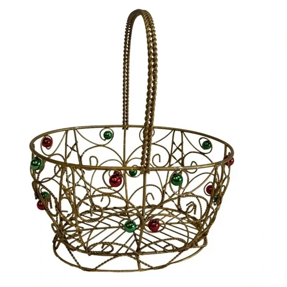 Gold‎ Wire Christmas Basket with Red and Green Ornaments Holiday Decor 11 inch