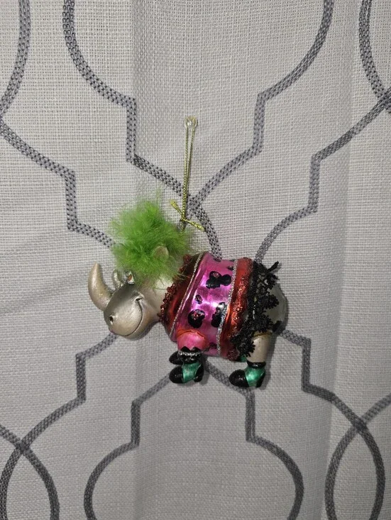 Christmas Glass Ornament Lady Sassy Rhino with feathers