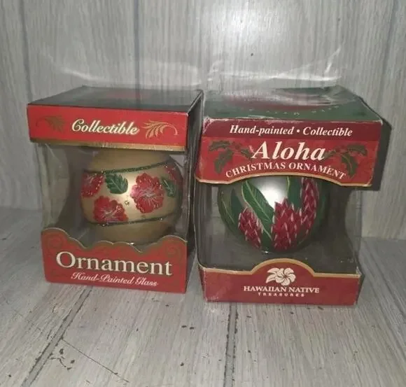 Vintage Hawaiian Native Flower Handpainted Christmas Ornaments Bulbs Set Of 2