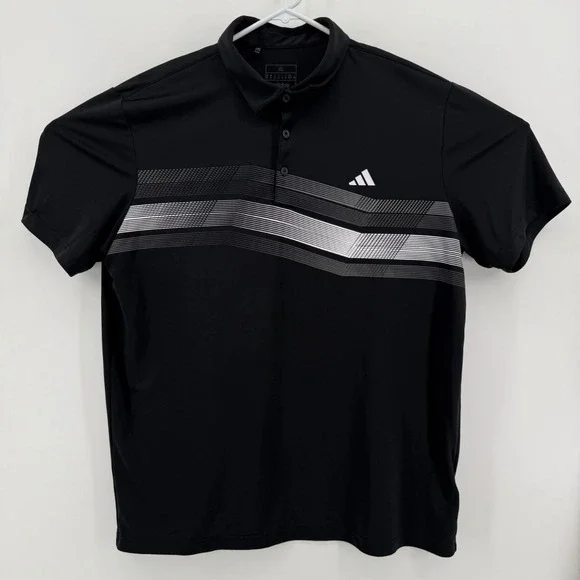 Adidas Polo Shirt Mens XL Graphic Chest Stripe Performance Polyester Black