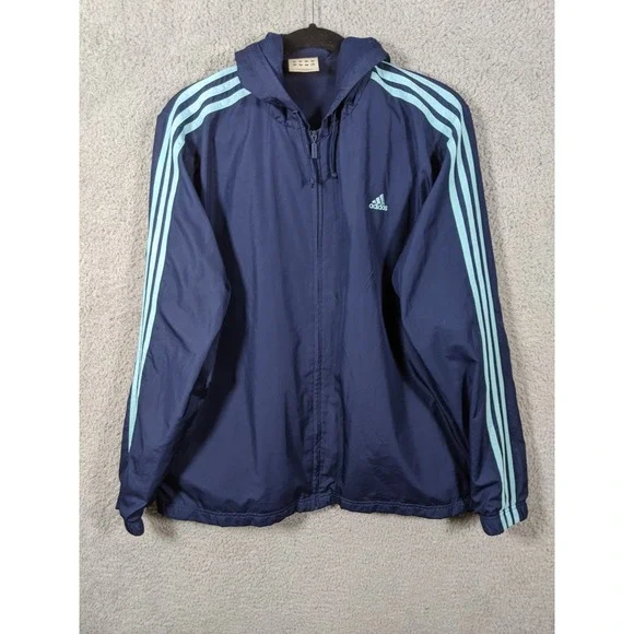 Vintage Adidas Windbreaker Jacket Mens XL Navy Blue 3 Stripe Mesh Lined Hooded