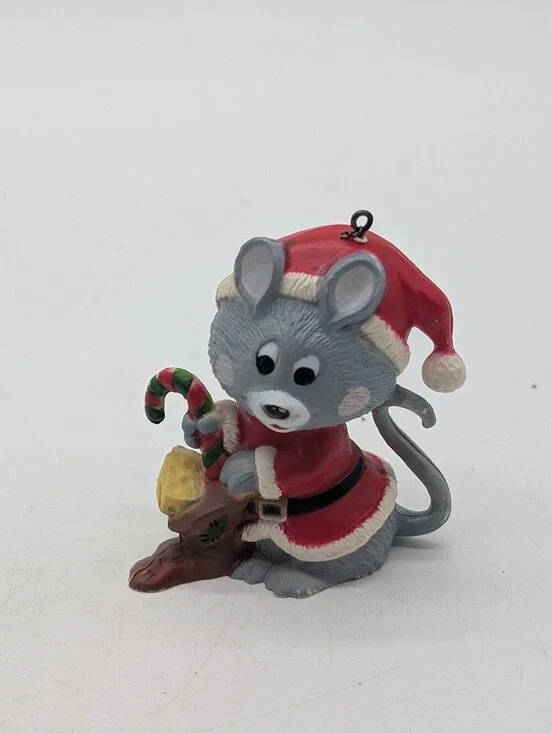 Vintage Christmas Santa Mouse Ornament Holding Candy Cane Gift Sack Kitsch