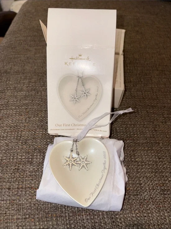 Retired 2012 Hallmark Ivory Porcelain Heart Ornament with Silver Snowflakes