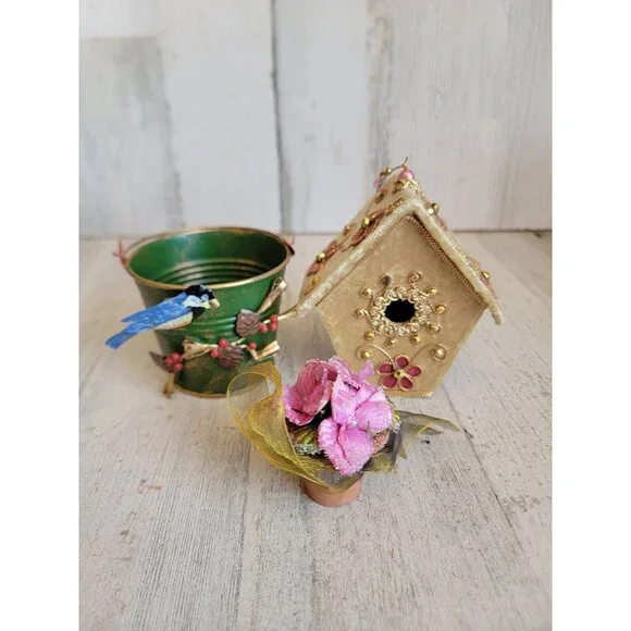 Unique‎ bird house bucket bird ornament Xmas set