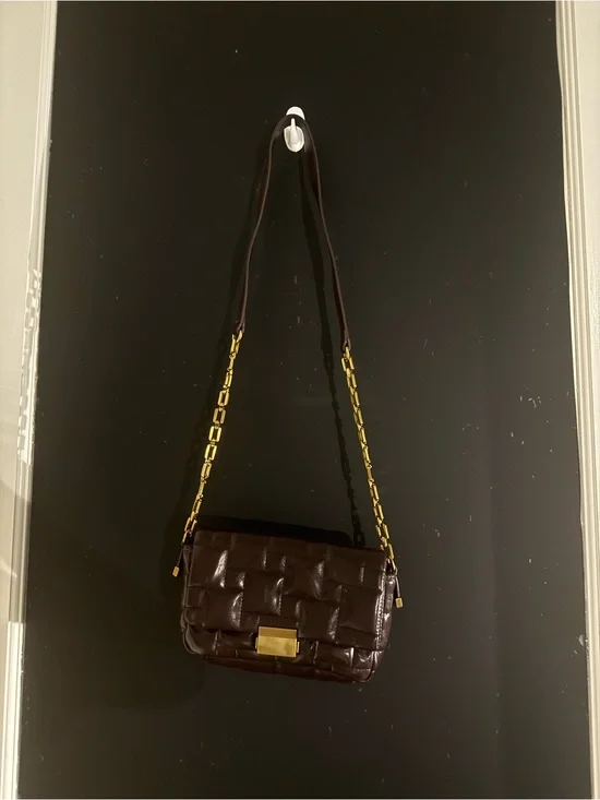 Zara Chocolate Brown Faux Leather Shoulder Bag with Gold Chain