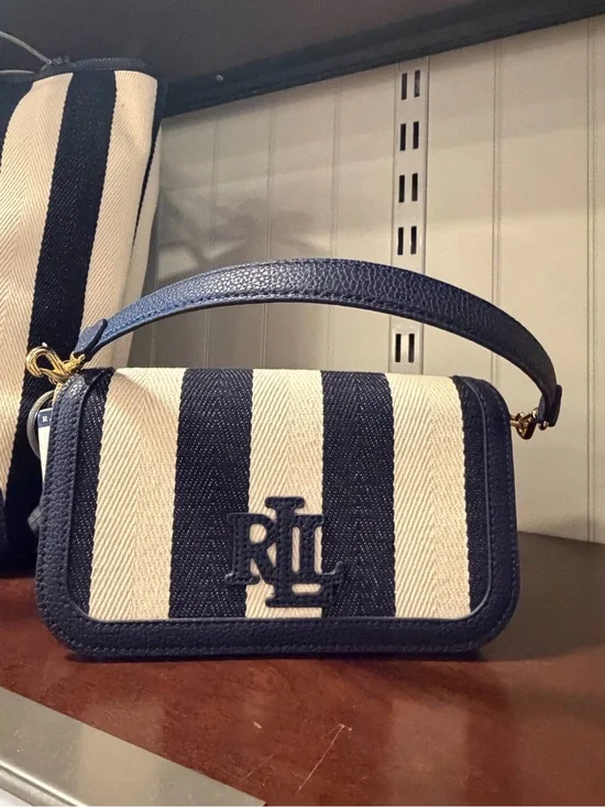 NWT Ralph Lauren Women's Blue Striped Twill Small Adley Shoulder Bag