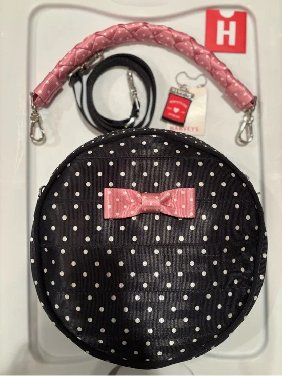 Harveys Dottie black polk-a-dot / pink bow /circle bag / shoulder and Lola strap