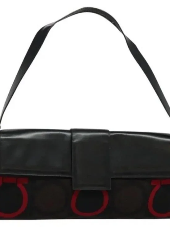 Salvatore Ferragamo Gancini Bag Canvas Leather Black Silver Auth bs24330