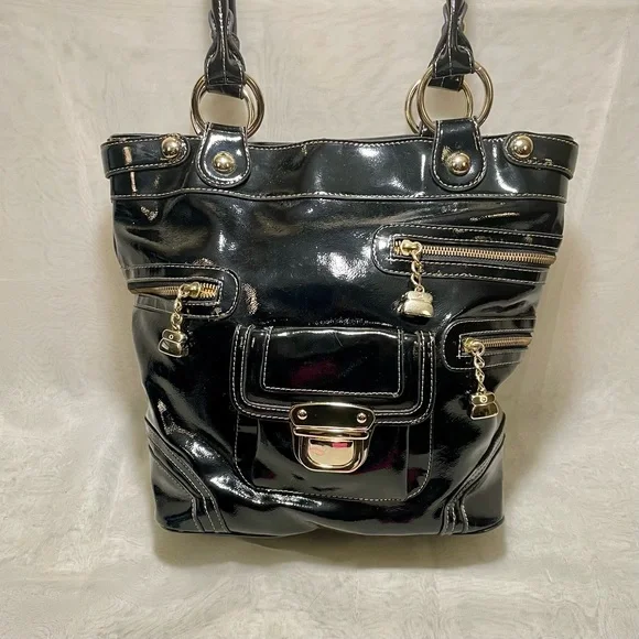 Kathy Van Zeeland Black Patent Shoulder Bag with Gold Accemts