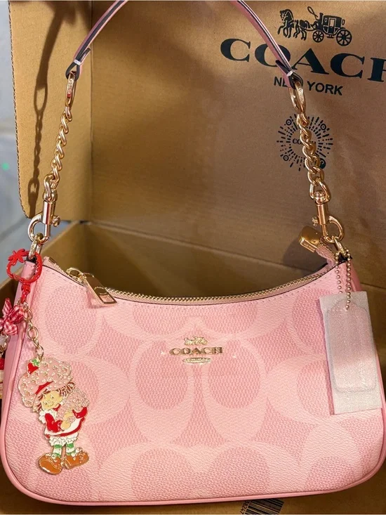 COACH Pink Signature Canvas Shoulder Bag with Gold Hardware