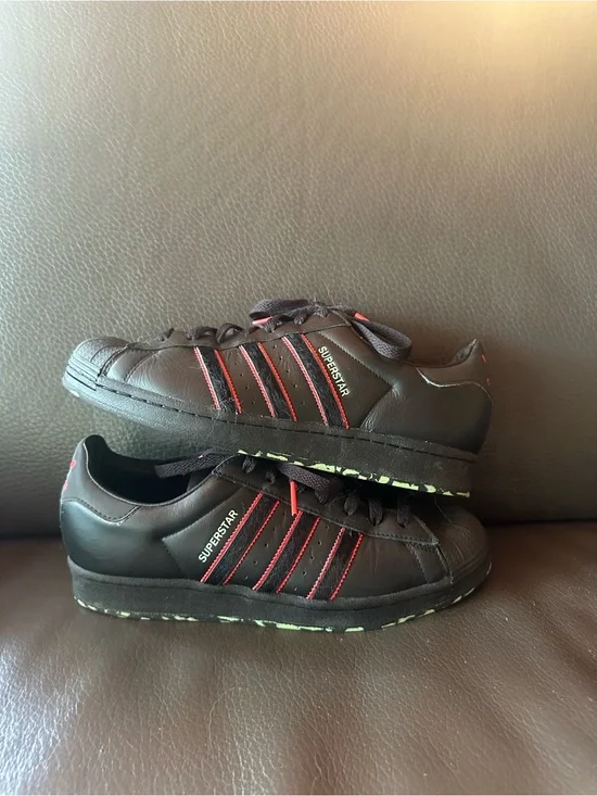 adidas Black Sneakers with Red Stripes and Lime Speckle Sole
