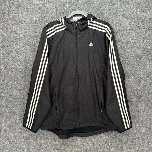Vintage Adidas Windbreaker Jacket Mens Medium Black 3-Stripe Hooded Full Zip Y2K