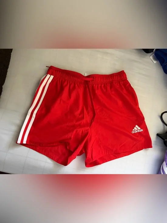adidas Red Athletic Shorts with White Three-Stripe Trim