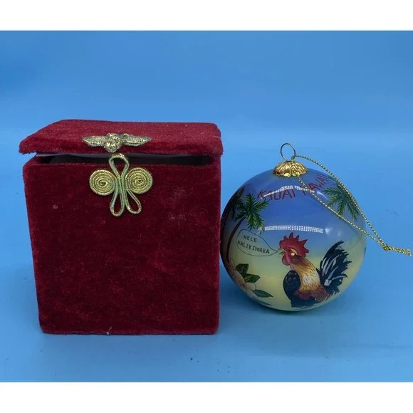Maui By Design Kauai Hawaii Hand Painted Glass Ornament Rooster Keiki Boxed