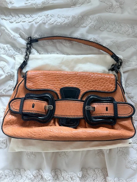 Fendi Orange Leather Shoulder Bag with Black Trim and Buckles
