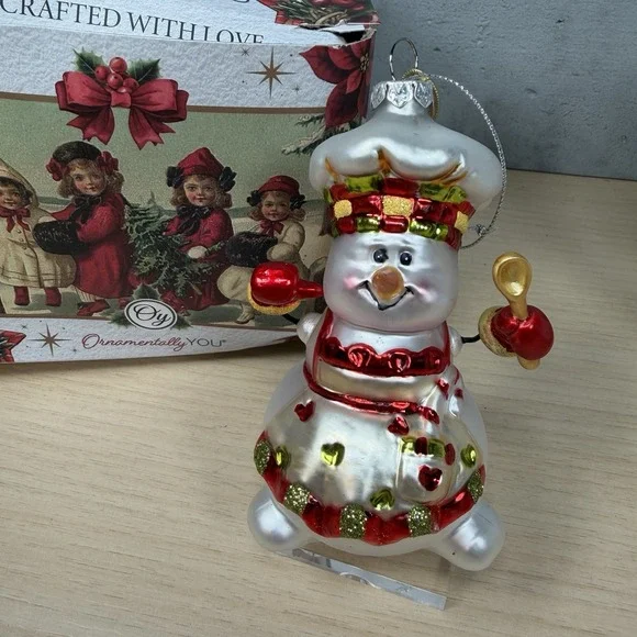 Ornamentally You Cheerful Holiday Snowman Chef Glass Christmas Ornament
