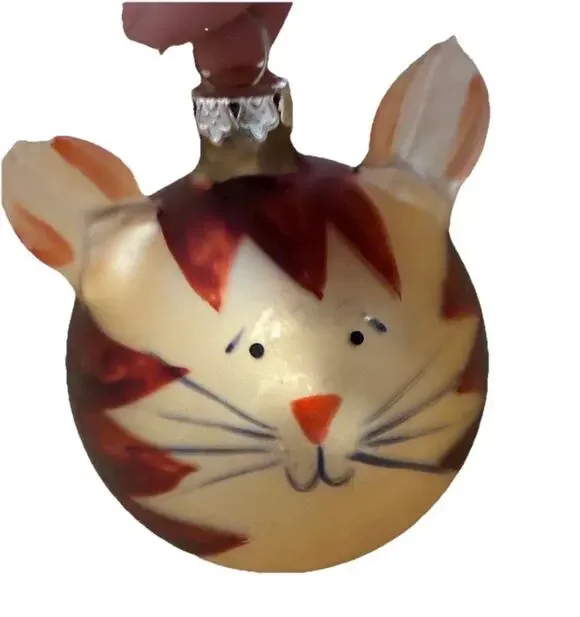 Vtg Orange Tabby Cat w/Ears Ornament Mercury glass Blown Artsy Animal Kitty Cat