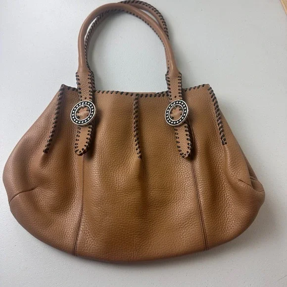Brighton Shoulder Bag Womens Medium Tan Leather Whipstitch Silver Hardware Boho