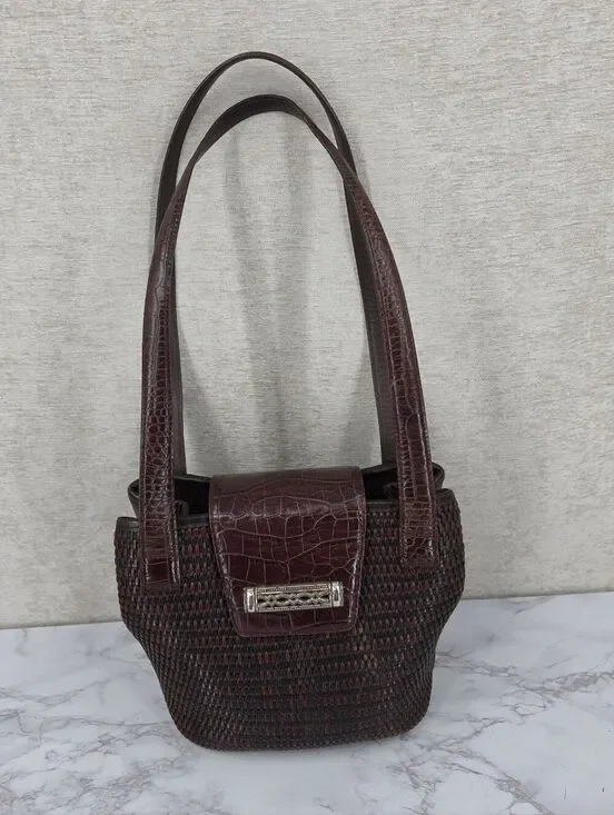 Brighton Vintage Leather Basket Weave Brown Croc-Accent Woven Tote Shoulder Bag