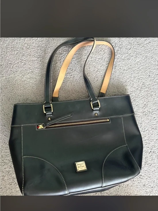 Dooney & Bourke Black Leather Tote with Contrast Tan Handles
