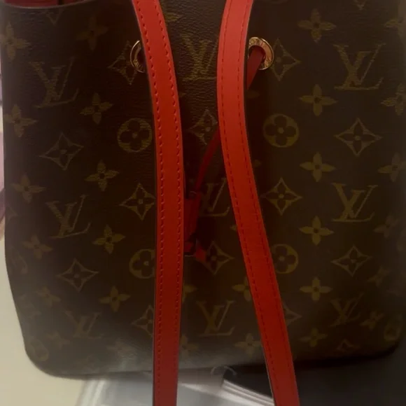 Louis Vuitton Monogram Drawstring Bucket Bag with Red Trim