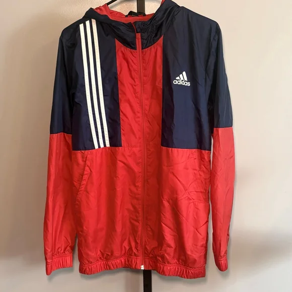 Men's Adidas‎ Windbreaker S Red Navy Blue Full Zip Hooded Jacket