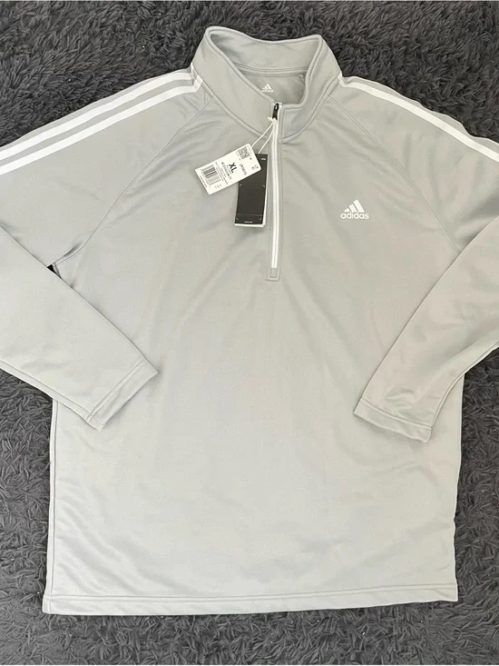Men Size XL adidas French Terry 1/4 Zip 3-Stripes UPF50+ Golf Light Gray