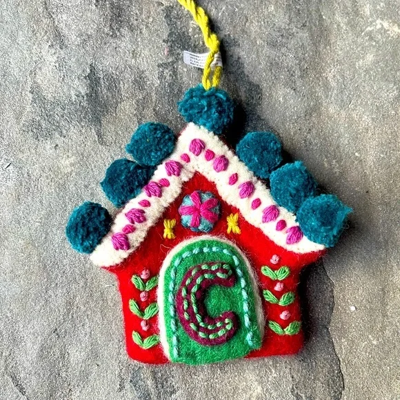 Anthropologie Felt Gingerbread House Christmas Decoration Pom Pom Initial
