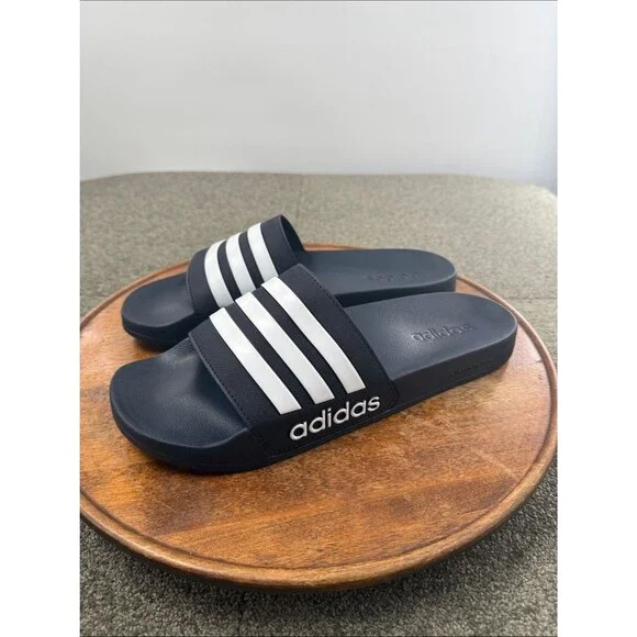 adidas Sandals Mens 13 Blue White Athletic Three-Stripe Adilette Shower Pool Gym