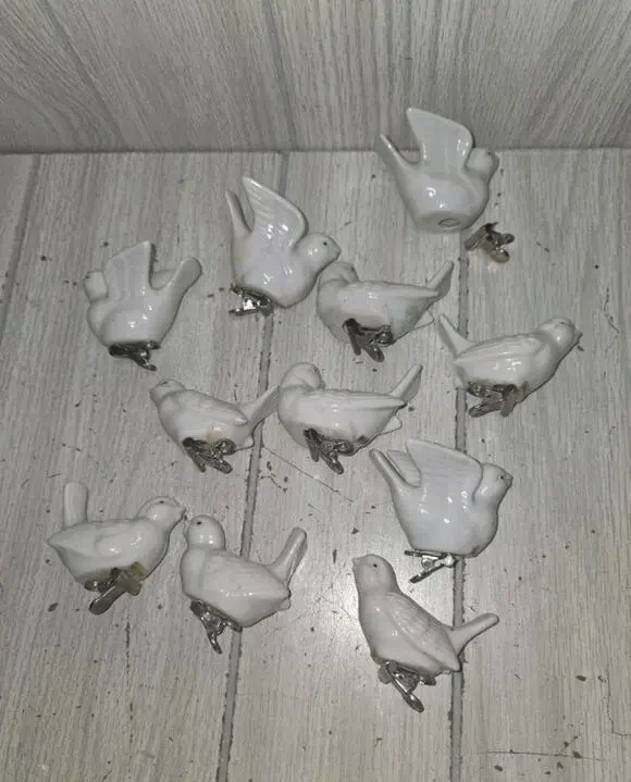 Vtg White Porcelain Ceramic Clip On Dove Love Bird Christmas Ornaments Set Of 11