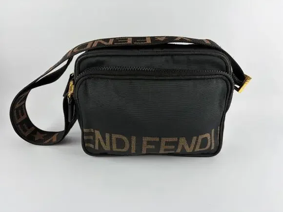 Fendi Vintage Logo Nylon Camera Bag Black Brown Crossbody Gold Hardware 90s