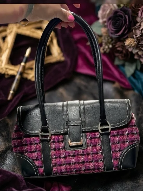 Liz Claiborne Black Leather & Pink Tweed Shoulder Bag
