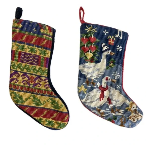 Lot 2 Vintage Small Size needlepoint christmas stockings Geometric‎ & Geese