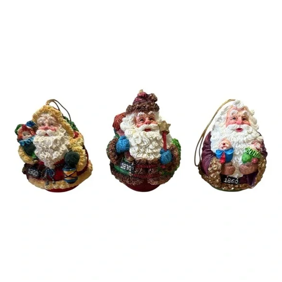 3 Roly Poly Santa Claus Ornaments 1830 1860 1900 Roman Inc Vtg 1993