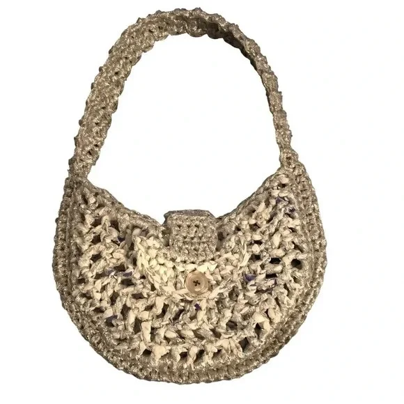 Celestial Moon Handbag Purse Metallic Silver Small Shoulder Crochet Astrology